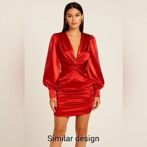Glamaker Dress Burnt Orange Satin Ruched Long Sleeve V-Neck Front Cutout ‎ Small